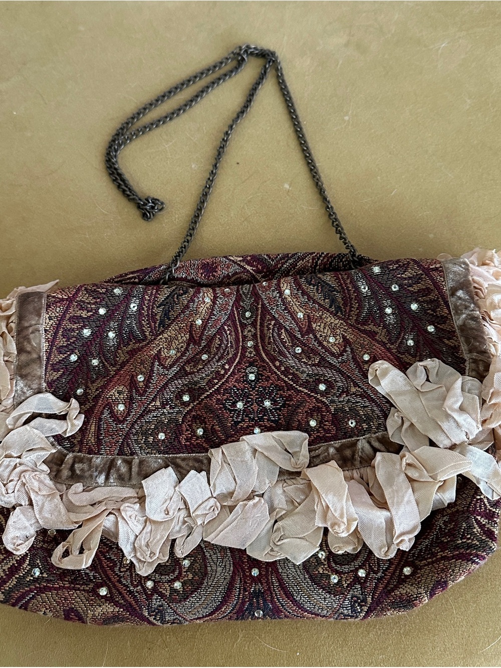Vintage-Inspired Embellished Paisley Shoulder Bag in Burgundy and Cream
